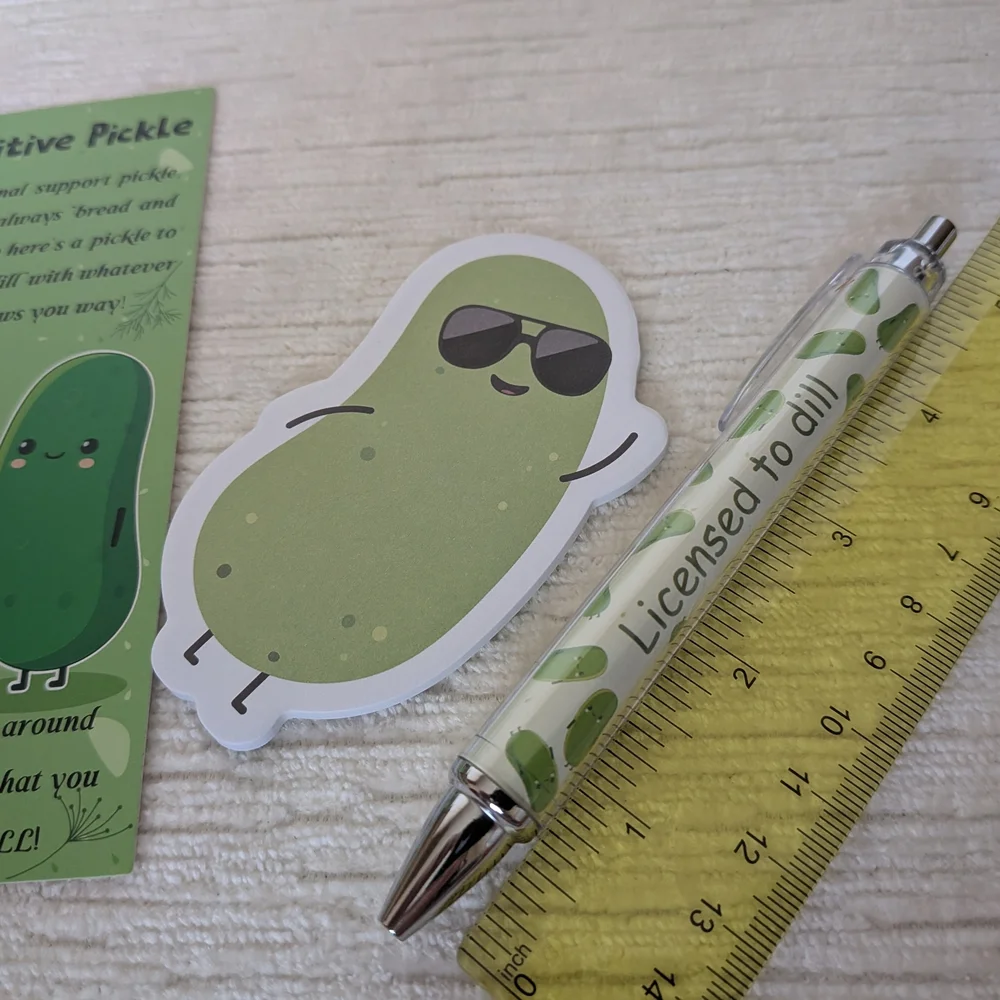 Pickle-Themed Pen Sets Qty 6, Bookmark, Pen, And  Stick Note Pad. 6 Designs
